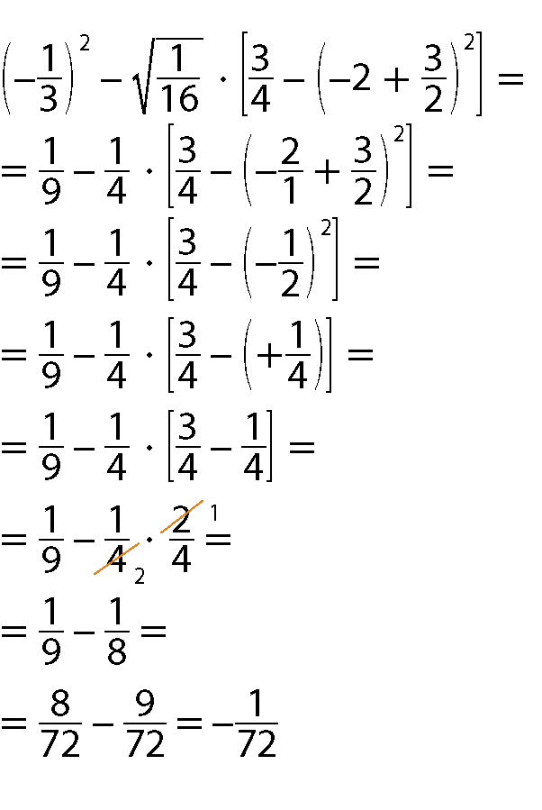 Expressão numérica. Abre parênteses, menos 1 terço, fecha parênteses ao quadrado menos raiz quadrada de 1 16 avos, fecha raiz, vezes abre colchetes, 3 quartos menos abre parênteses menos 2 mais 3 meios, fecha parênteses, ao quadrado, fecha colchetes é igual. Abaixo, igual a 1 nono, menos 1 quarto vezes abre colchetes, 3 quartos menos abre parênteses menos 2 sobre 1 mais 3 meios, fecha parênteses, ao quadrado, fecha colchetes é igual. Abaixo, igual a 1 nono, menos 1 quarto vezes abre colchetes, 3 quartos menos abre parênteses menos 1 meio, fecha parênteses, ao quadrado, fecha colchetes é igual. Abaixo, igual a 1 nono, menos 1 quarto vezes abre colchetes, 3 quartos menos abre parênteses mais 1 quarto, fecha parênteses, fecha colchetes é igual. Abaixo, igual a 1 nono, menos 1 quarto vezes abre colchetes, 3 quartos menos 1 quarto, fecha colchetes é igual. Abaixo, igual a 1 nono, menos 1 quarto vezes 2 quartos é igual. O numerador 2 foi cortado por uma linha inclinada laranja e acima dele está o número 1. O denominador 4 foi cortado por uma linha inclinada laranja e abaixo dele está o número 2. Abaixo, igual a 1 nono menos 1 oitavo é igual. Abaixo, igual a 8 72 avos menos 9 72 avos é igual a menos 1 72 avos.