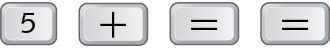a) Ilustração. Sequência de teclas da calculadora na horizontal. Da esquerda para direita: tecla 5, tecla de mais, tecla de igual, tecla de igual.