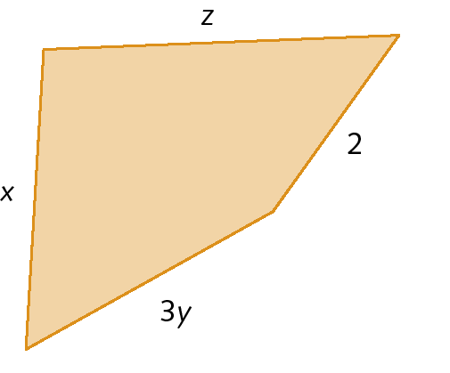 Figura geométrica. Polígono amarelo com quatro lados de comprimentos diferentes. Na parte superior do polígono, há um lado com comprimento Z. À esquerda, há um lado com comprimento X, no lado direito há dois lados com comprimentos diferentes: o lado superior tem comprimento 2, enquanto o lado inferior tem comprimento 3Y.