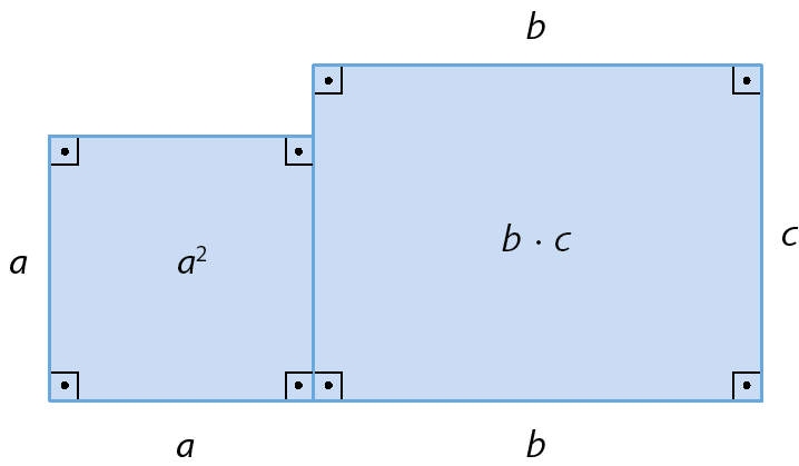 Figura geométrica. um retângulo e um quadrado lado a lado, destacando seus ângulos retos com 90 graus. 

À esquerda, há um quadrado com indicações na lateral que mostram que a altura mede A, e na parte inferior a indicação que o comprimento também mede A.  No interior do quadrado, indicação que a medida de área é A ao quadrado.

À direita, há um retângulo, com uma marcação na parte superior indicando que seu comprimento mede B. Na parte lateral direita, há uma marcação indicando que a altura  mede C.  No interior do quadrado, indicação que a medida de área é igual a B vezes C