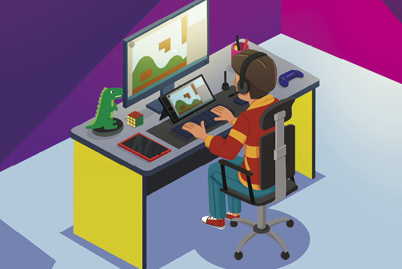 Ilustração: Um homem branco, de blusa vermelha com algumas listras amarelas e calça verde, sentado em uma cadeira giratória preta e cinza, em frente a um computador digitando em um teclado. Sobre a mesa uma tela de computador com um jogo, um teclado, um tablet com um jogo, um tablet desligado, um console de videogame, um cubo mágico e um dinossauro de brinquedo.