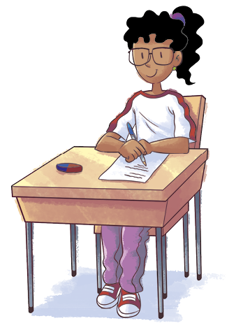 Ilustração: Menina negra, de cabelos encaracolados pretos, óculos de grau, camiseta branca e calça rosa, ela está sentada em uma cadeira escrevendo em um papel branco, que está sobre uma mesa. Sobre a mesa, além do papel, há uma borracha.