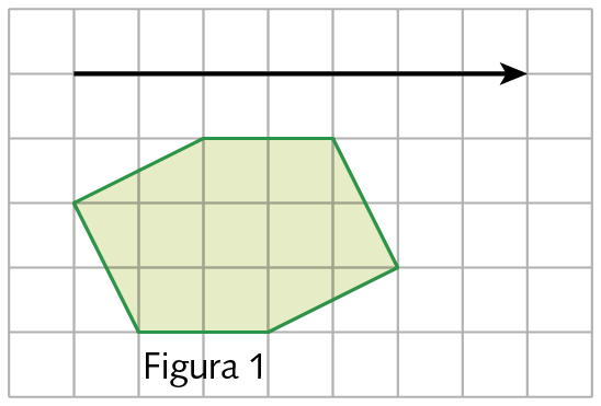 Ilustração. Hexágono não regular representado em uma malha quadriculada. Acima, um vetor na horizontal, apontando para a direita e que tem medida de comprimento equivalente a de 7 lados de quadradinho.