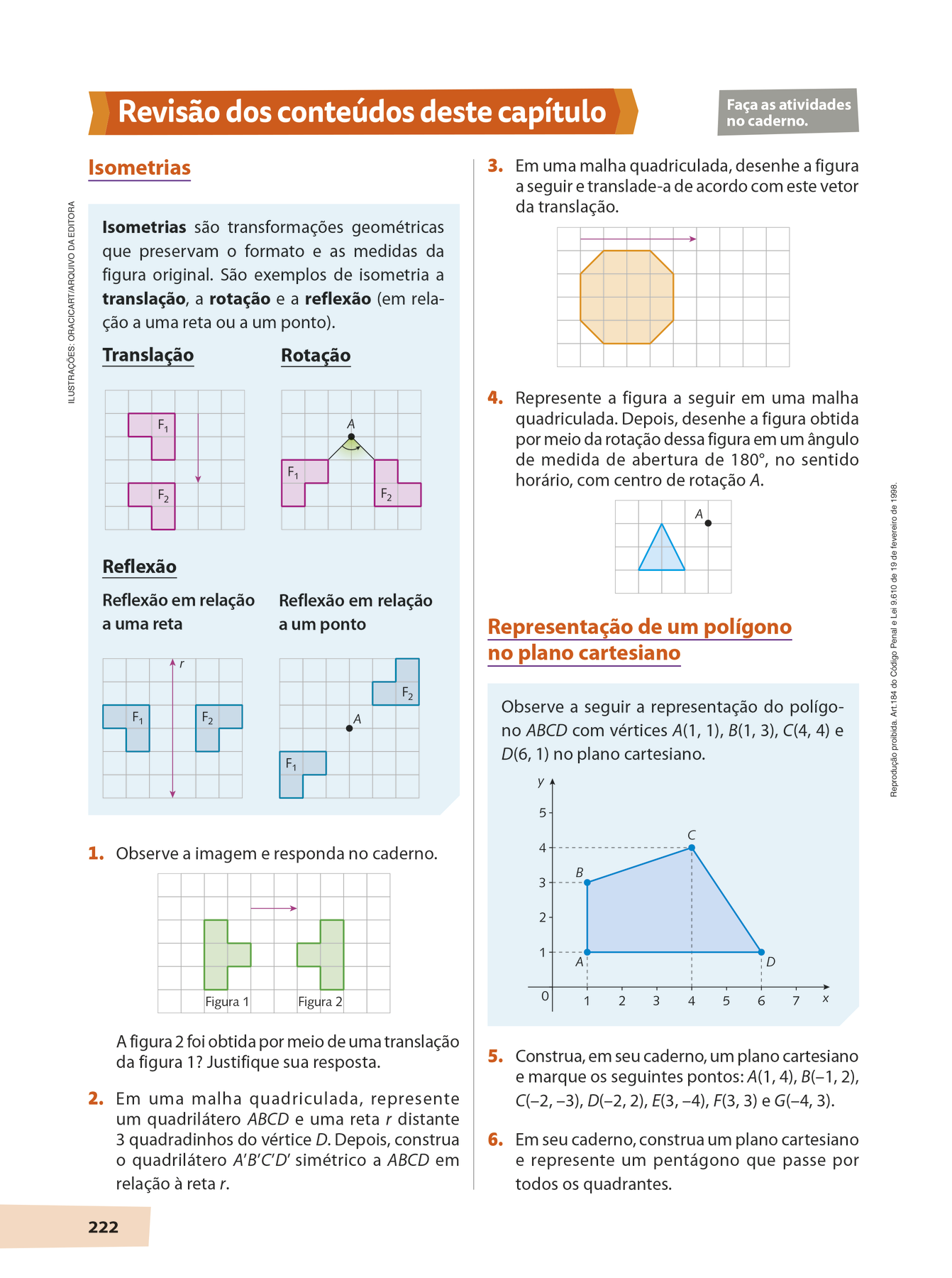 Esquema. Reprodução em tamanho reduzido de uma página da seção Revisão dos conteúdos deste capítulo. Nela, é possível identificar boxes azuis com resumos de teoria e atividades.