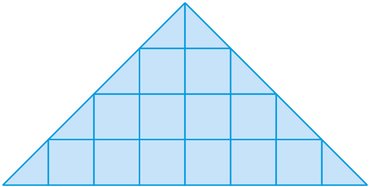 Ilustração. um triângulo retângulo isósceles, formado por 12 quadrados completos dispostos na forma de pirâmide. 6 na base, 4 na linha acima da base e 2 no topo. A base é o lado maior. Contornando os dois lados congruentes, 4 triângulos de cada lado congruente do triângulo, correspondendo à metade das áreas dos quadrados.