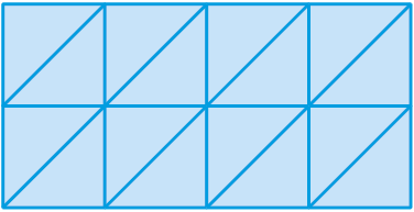 Ilustração. Um retângulo azul claro formado por 8 quadrados, 4 de comprimento e 2 de largura. Cada quadrado está dividido em 2 triângulos retângulos isósceles, formados a partir da diagonal de cada quadrado.