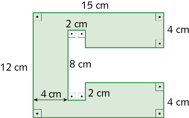 Ilustração.
Item a. Retângulo de altura 12 centímetros e base 4 centímetros mais 2 quadrados de lado 2 centímetros mais 2 retângulos de base 9 centímetros e altura 4 centímetros.