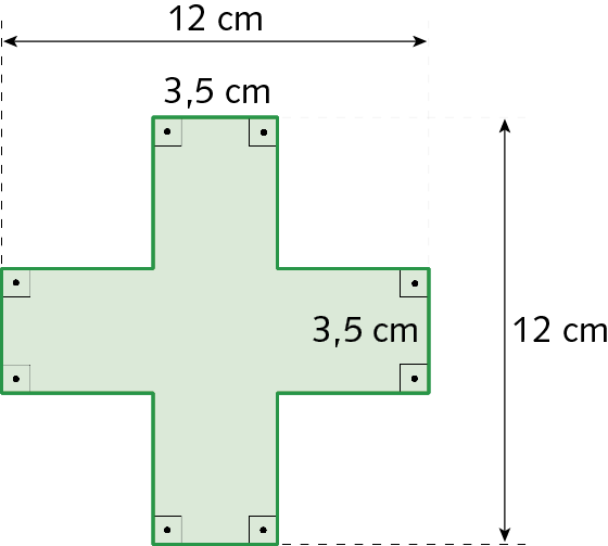 Ilustração. A imagem é de uma cruz. Cada um dos dois retângulos que se cruzam tem um lado medindo 12 centímetros e o outro lado medindo 3,5 centímetros. Esses dois retângulos se cruzam de forma que as quatro pontas da cruz são congruentes.