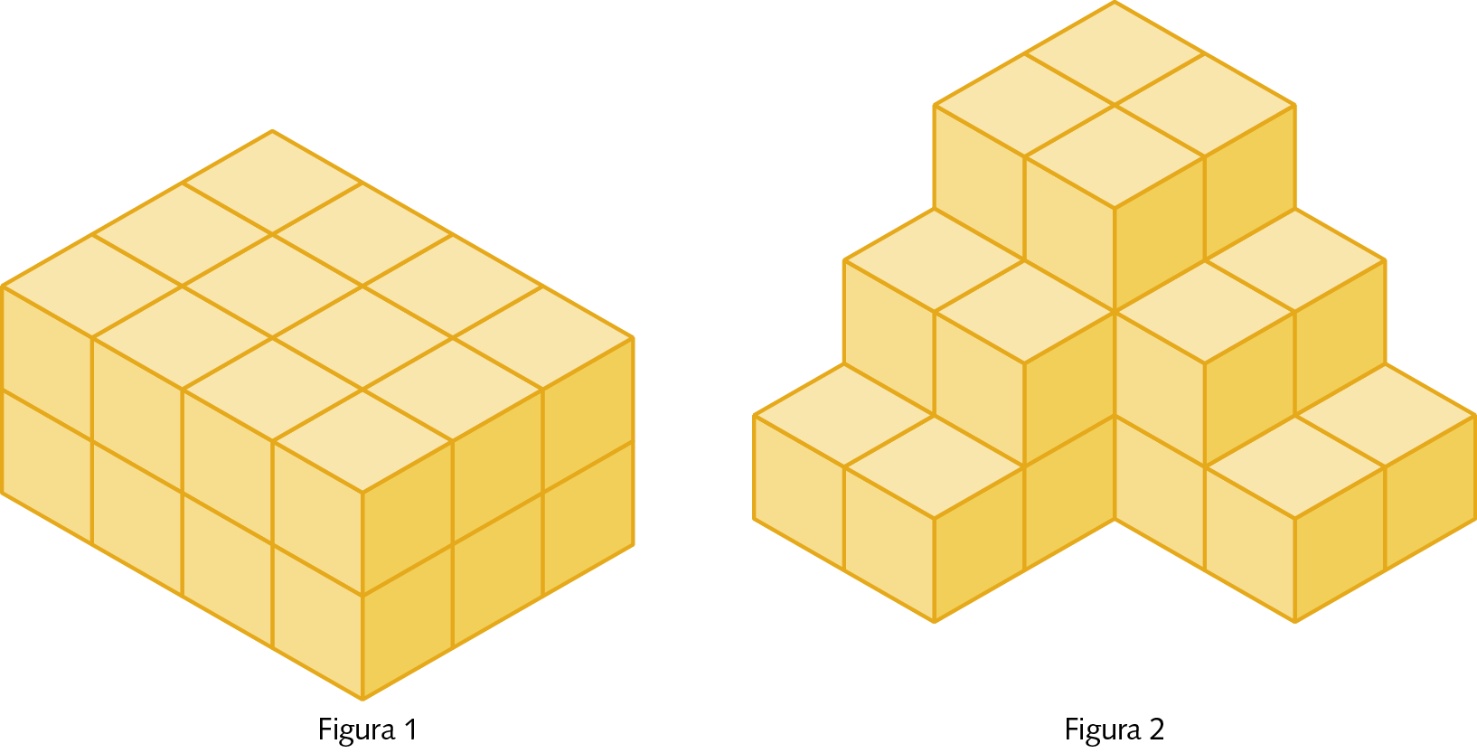 Ilustração. A figura 1 mostra um paralelepípedo de comprimento 4 blocos, largura 3 blocos e altura 2 blocos. A figura 2 mostra uma pilha de blocos dispostos da seguinte forma: na base, temos um paralelepípedo formado por 8 blocos e um paralelepípedo formado por 4 blocos. Sobre essa base temos um paralelepípedo formado por 6 blocos e um paralelepípedo formado por 2 blocos. No topo dessa pilha temos um paralelepípedo formado por 4 blocos.