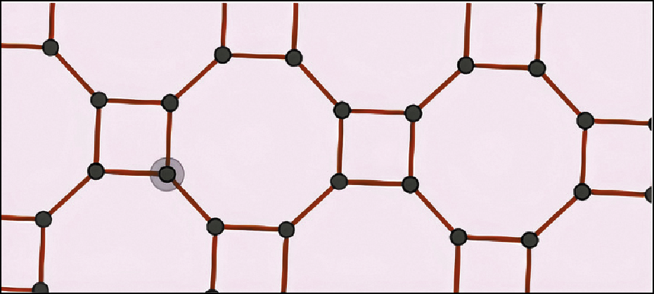 Print de recortes da tela da ferramenta Geogebra Classic. Um mosaico rosa formado por polígonos de oito lados e quadrados. Os vértices dos polígonos de oito lados são comuns aos dos quadrados. Os vértices estão marcados com pontos pretos.