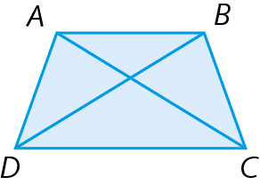 Figura geométrica: polígono azul de 4 lados, com seus vértices marcados com as letras, A, B, C e D. As duas diagonais do polígono estão traçadas.