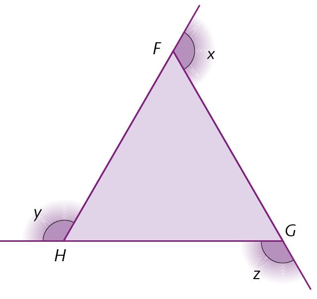 Figura geométrica: triângulo roxo, com marcações das letras F, G e H nos vértices. Há prolongamentos nos três lados do triângulo. No prolongamento do vértice F, tem a marcação do ângulo externo x. No prolongamento do vértice H, tem a marcação do ângulo externo y. No prolongamento do vértice G, tem a marcação do ângulo externo z.
