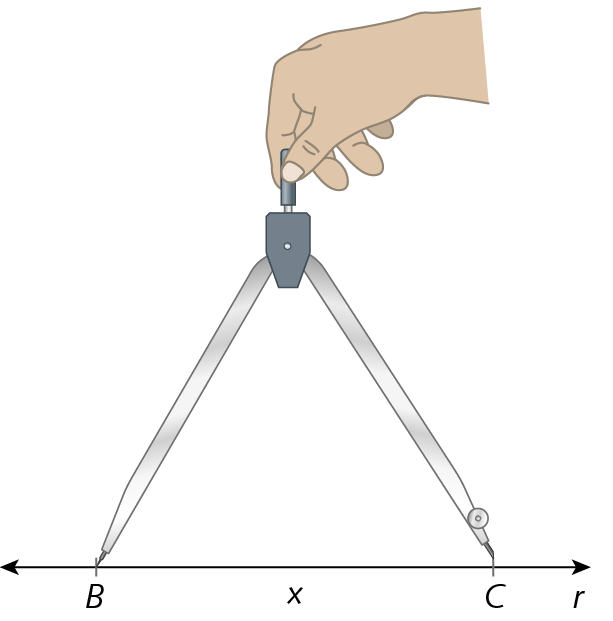 Ilustração. Uma mão branca segura um compasso, que está sobre uma reta r. A ponta-seca do compasso está sobre o ponto B da reta e a ponta com grafite está sobre o ponto C. A letra x entre os pontos B e C representa a medida do segmento de reta.