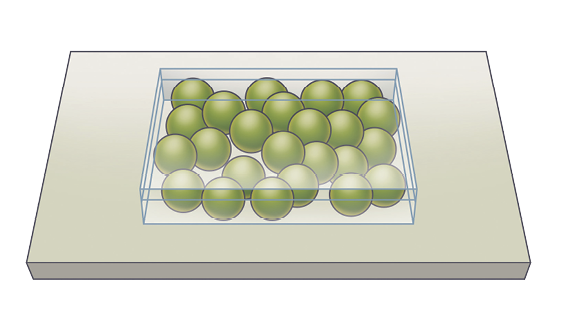 Ilustração. Caixa repleta de bolas verdes.