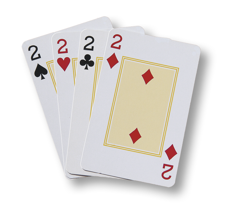 Fotografia. 4 cartas de baralho, Da esquerda para direita: 2 de espada, 2 de copas, 2 de paus e 2 de ouros.