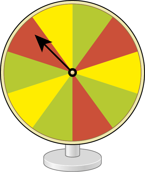 Ilustração. Roleta circular dividida em 10 setores de mesma medida de área. O ponteiro da roleta está em um setor de cor vermelha, a partir dele, no sentido horário, as cores dos demais setores são: amarelo, verde, vermelho, amarelo, verde, vermelho, verde, amarelo e verde.