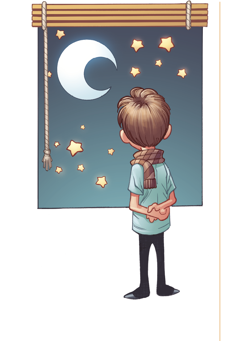 ilustração. Menino observando a Lua e as estrelas no céu por meio de uma janela.