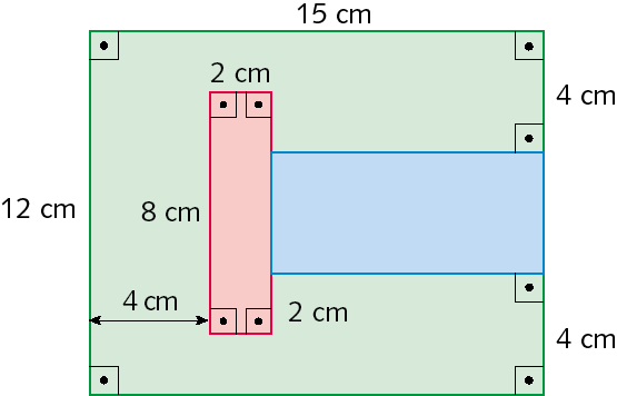 Figura geométrica: Figura composta por retângulo verde com medida de 15 centímetros por 12 centímetros. Dentro, retângulo vertical vermelho com medidas de 2 centímetros por 8 centímetros. A distância do retângulo verde para o retângulo vermelho é 4 centímetros. Ao lado, retângulo azul. A distância acima e abaixo do quadrado verde para o quadrado azul é 4 centímetros cada.