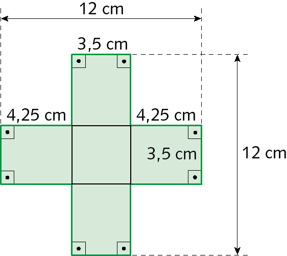 Figura geométrica: Figura composta por um quadrado no centro e um retângulo de cada lado na horizontal. Um retângulo acima e um abaixo do quadrado. A medida total da figura é 12 centímetros por 12 centímetros. A medida de quatro dos retângulos são: 3,5 centímetros por 4,25 centímetros.