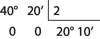 Esquema. Algoritmo da divisão. O dividendo é 40 graus e 20 minutos, o divisor é 2, o quociente é 20 graus e 10 minutos e o resto é 0.