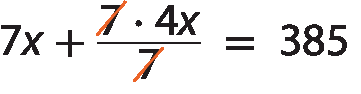 Esquema. Equação. 
Na terceira linha: 7X mais fração com numerador 7 vezes 4X e denominador 7 é igual a 385. Nessa linha há dois tracinhos cortando os números 7 do numerador e do denominar.