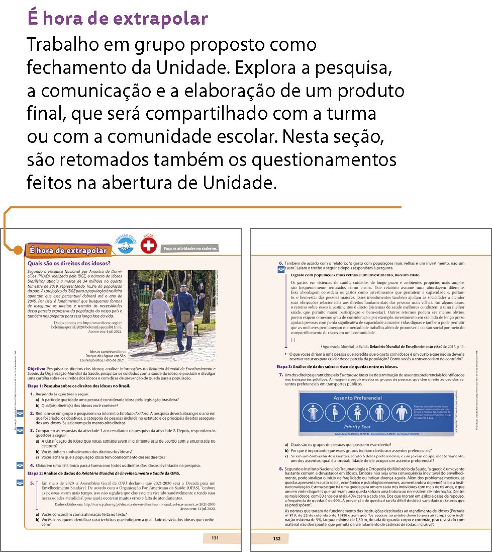 Esquema. Reprodução em tamanho reduzido de duas páginas, lado a lado, da seção É hora de extrapolar. Em ambas as páginas, é possível identificar etapas de um projeto, compostas por textos e atividades. Na parte superior da reprodução da página da esquerda, há um fio com a indicação: É hora de extrapolar. Trabalho em grupo proposto como fechamento da Unidade. Explora a pesquisa, a comunicação e a elaboração de um produto final, que será compartilhado com a turma ou com a comunidade escolar. Nesta seção, são retomados também os questionamentos feitos na abertura de Unidade.