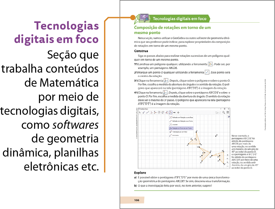 Esquema. Reprodução em tamanho reduzido de uma página da seção Tecnologias digitais em foco. É possível identificar textos e reproduções de telas do software GeoGebra. Na parte superior da reprodução da página, há um fio com a indicação: Tecnologias digitais em foco. Seção que trabalha conteúdos de Matemática por meio de tecnologias digitais, como softwares de geometria dinâmica, planilhas eletrônicas etc.