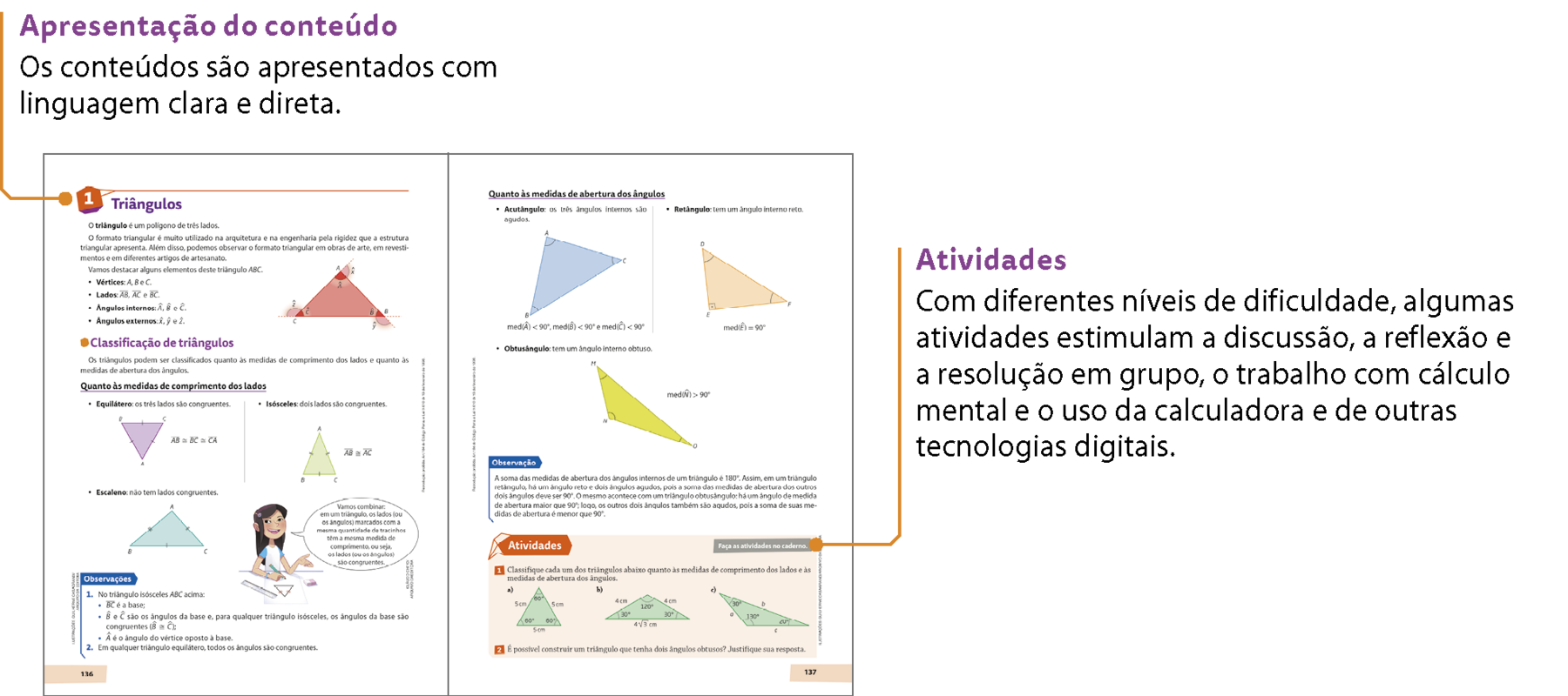 Esquema. Reprodução em tamanho reduzido de duas páginas, lado a lado, de um capítulo da coleção. É possível identificar a apresentação de um conteúdo e um boxe com atividades. Na parte superior da reprodução da página da esquerda, há um fio com a indicação: Apresentação dos conteúdos. Os conteúdos são apresentados com linguagem clara e direta. Na parte inferior da reprodução da página da direita, há um fio com a indicação: Atividades. Com diferentes níveis de dificuldade, algumas atividades estimulam a discussão, a reflexão e a resolução em grupo, o trabalho com cálculo mental e o uso da calculadora e de outras tecnologias digitais.