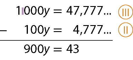 Esquema. Na linha de cima: mil vezes y igual a 47 vírgula 777 reticências. Do lado direito o número 2 em algarismos romanos. Abaixo, à esquerda, o sinal de subtração e a direita 100y igual a 4 vírgula 777 reticências. Do lado direito o número 1 em algarismos romanos. Abaixo, traço horizontal. Abaixo, 900y igual a 43.