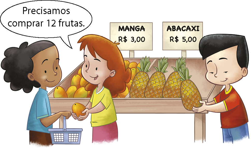 Ilustração. Duas mulheres, uma negra com cabelo preto amarrado, blusa azul e a outra com cabelo ruivo e blusa amarela, Estão em frente a uma banca de frutas, uma segura uma manga e fala: Precisamos comprar 12 frutas. Ao lado delas, está um homem de cabelo preto e camiseta vermelha, ele segura um abacaxi. Na banca de frutas, vemos abacaxis e mangas, e as placas: Manga 3 reais e Abacaxi 5 reais.