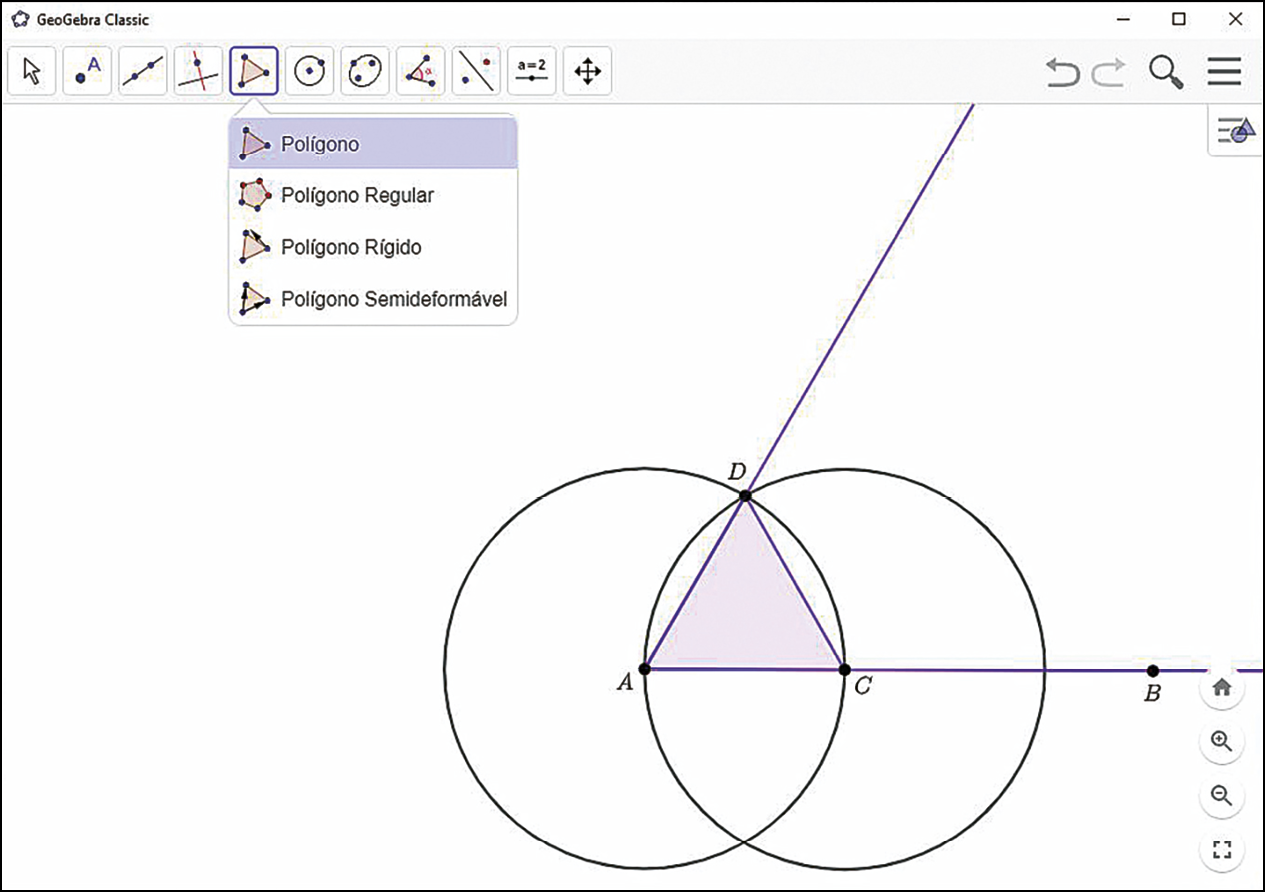 Ilustração. Software de geometria dinâmica. Acima, botões de comandos. Destaque para botão com um triângulo e aba polígonos. Na tela, duas circunferências, a da direita com centro em A e a da esquerda com centro em C. Elas se interseccionam no ponto D (superior) e em um ponto não rotulado (inferior). Semirreta horizontal partindo de A , B passando por C e por B. Semirreta diagonal para cima, partindo de A e passando em D, ou seja, na intersecção das circunferências. Triângulo formado ACD.