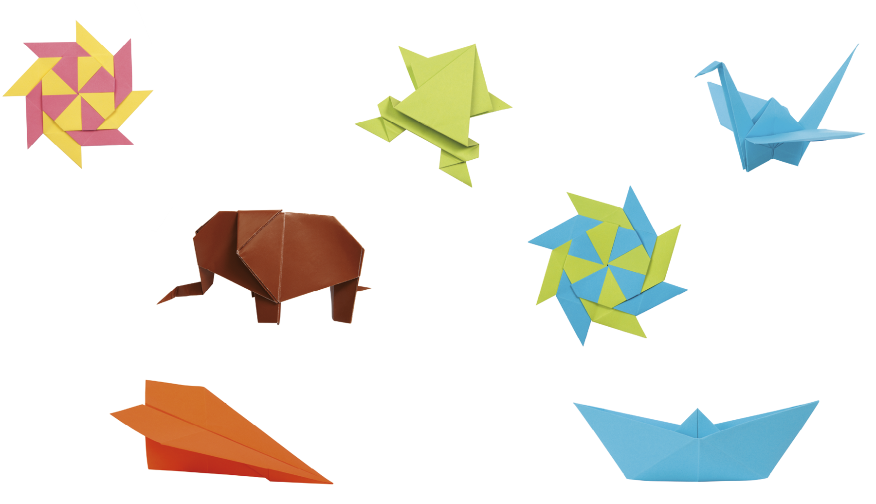 Ilustração. Figuras feitas de origamis. Figura redonda vermelha e amarela com tiras, parecida com um catavento. Um sapo verde, um pássaro azul, um elefante marrom, figura redonda verde e azul com tiras, parecida com catavento, um avião vermelho e um barco azul.