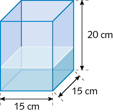 Ilustração. Recipiente em formato de um paralelepípedo com 15 centímetros de comprimento, 15 centímetros de largura e 20 centímetros de altura. Nele há agua correspondente a um terço de seu volume.