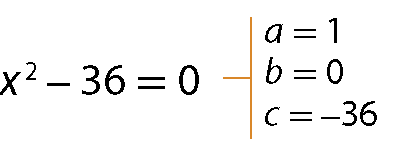 Esquema. Equação: x ao quadrado menos 36 igual a zero. Abre chaves, primeira linha, a igual a 1. Segunda linha: b igual a zero. Terceira linha: c igual a menos 36.