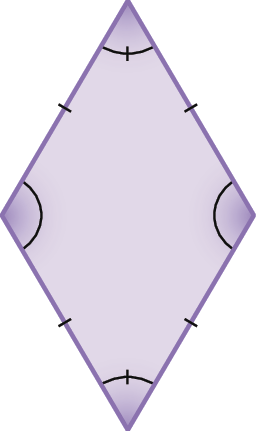 Figura geométrica. Losango. 2 ângulos opostos são agudos e os outros 2 ângulos opostos são obtusos.