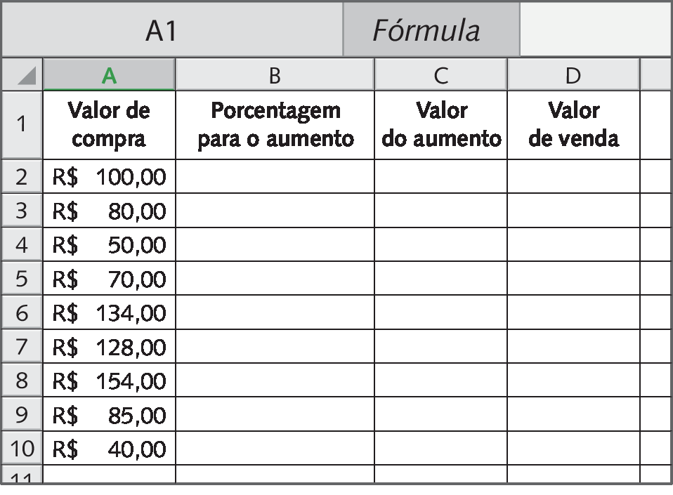 Ilustração. Parte de uma planilha eletrônica com colunas A a D e linhas de 1 a 10. Linha 1: Valor da compra; porcentagem para o aumento; valor do aumento; valor da venda Linha 2: 100 reais, célula, vazia, célula vazia, célula vazia. Linha 3: 80 reais, célula, vazia, célula vazia, célula vazia. Linha 4: 50 reais, célula, vazia, célula vazia, célula vazia. Linha 5: 70 reais, célula, vazia, célula vazia, célula vazia. Linha 6: 134 reais, célula, vazia, célula vazia, célula vazia. Linha 7: 128 reais, célula, vazia, célula vazia, célula vazia. Linha 8: 154 reais, célula, vazia, célula vazia, célula vazia. Linha 9: 85 reais, célula, vazia, célula vazia, célula vazia. Linha 10: 40 reais, célula, vazia, célula vazia, célula vazia.