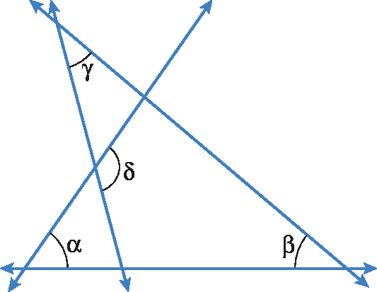 Figura geométrica. 4 retas que se cruzam entre si e formam ângulos. Duas retas à esquerda formam o ângulo alfa. Uma das retas que formou o ângulo alfa, em junção com outra reta forma o ângulo beta. A reta que formou beta forma gama com outra reta. a reta que formou gama e a reta que formou alfa formam o ângulo delta. O encontro dessas retas também formam triângulos. Um deles tem como ângulos alfa e beta. Outro tem como ângulos beta e gama.