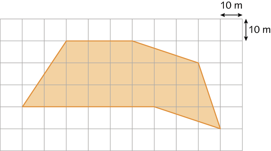 Esquema. Malha quadriculada composta  por 6 linhas e 11 colunas. Dentro dela, há um hexágono laranja que representa o terreno. Cada quadradinho da malha quadriculada tem lado com medida de comprimento igual a 10 metros.
O primeiro vértice do hexágono está localizado no vértice direito inferior do primeiro quadradinho da quarta linha, de cima para baixo, da malha quadriculada.
O segundo vértice do hexágono se encontra no vértice direito inferior do terceiro quadradinho da primeira linha, de cima para baixo. 
O terceiro vértice do hexágono se encontra no vértice direito inferior do sexto quadradinho da primeira linha, de cima para baixo. 
O quarto vértice do hexágono se encontra no vértice direito inferior do nono quadradinho da segunda linha, de cima para baixo. 
O quinto vértice do hexágono se encontra no vértice direito inferior do décimo quadradinho da quinta linha, de cima para baixo.
O sexto vértice do hexágono se encontra no vértice direito inferior do sétimo quadradinho da quarta linha, de cima para baixo.