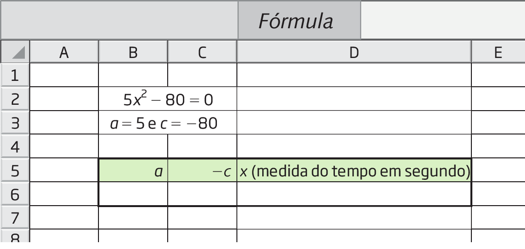 Ilustração. Planilha eletrônica.
Ao centro, a aba Fórmula.
Célula B2 e C2: 5x ao quadrado menos 80 igual 0.
Célula B3 e C3: a igual a 5 e c igual a menos 80.
Célula B5: a
Célula C5: menos c.
Célula D5: x, abre parênteses, medida do tempo em segundo, fecha parênteses.