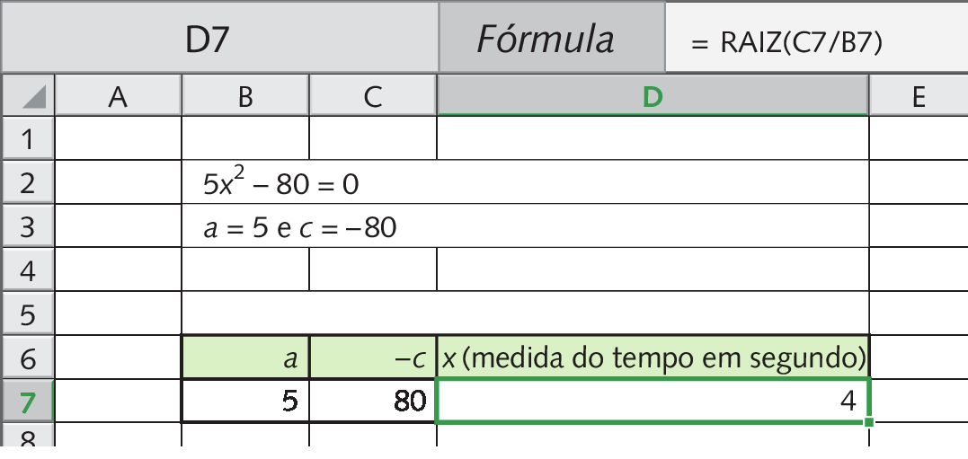 Ilustração. Planilha eletrônica.
À esquerda, aba D7. Ao centro, a aba Fórmula. À direita, aba igual, RAIZ, abre parênteses, C7 barra B7, fecha parênteses.
Célula B2, C2 e D2: 5x ao quadrado menos 80 igual 0.
Célula B3, C3 e D3: a igual a 5 e c igual a menos 80.
Célula B6: a
Célula C6: menos c.
Célula D6: x, abre parênteses, medida do tempo em segundo, fecha parênteses.
Célula B7: 5
Célula C7: 80
Célula D7: 4.