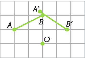Figura geométrica. Malha quadriculada com o ponto O e os segmentos de reta AB e A linha B linha representados. O segmento de reta AB corresponde a diagonal de um retângulo composto por 2 quadradinhos da malha dispostos na horizontal. O ponto A está à esquerda do ponto B. Na mesma linha vertical do ponto B está o ponto O, dois lados de quadradinho para baixo. O segmento de reta A linha, B linha corresponde a uma rotação de centro O, no sentido horário, de 60 graus do segmento de reta AB.