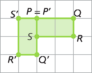 Figura geométrica. Malha quadriculada com os retângulos PQRS e P linha, Q linha, R linha e S linha representados. O retângulo PQRS corresponde a dois quadradinhos da malha na horizontal. O retângulo P linha, Q linha, R linha e S linha corresponde a dois quadradinhos da malha na vertical. Os pontos P e P linha coincidem e o ponto S é o ponto médio do lado P linha Q linha. P linha, Q linha, R linha e S linha está representado à esquerda de PQRS.