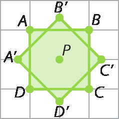 Figura geométrica. Malha quadriculada com quadrado verde composta pelos pontos: ABCD. Com centro em P. Sobre ela, quadrado rotacionado composto pelos pontos A linha, B linha, C linha, D linha.