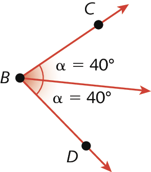 Figura geométrica. ângulo com vértice em B, com lados definidos pelas semirretas BC e BD, a bissetriz traçada divide o ângulo em dois ângulos alfa igual 40 graus