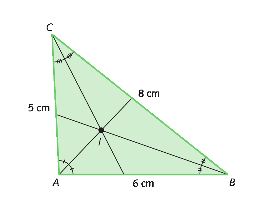 Figura geométrica. Triângulo escaleno ABC com lados medindo 6 centímetros, 8 centímetros e 5 centímetros de comprimento. De cada ângulo interno do triângulo se traça uma bissetriz. As três bissetrizes se encontram no ponto I.