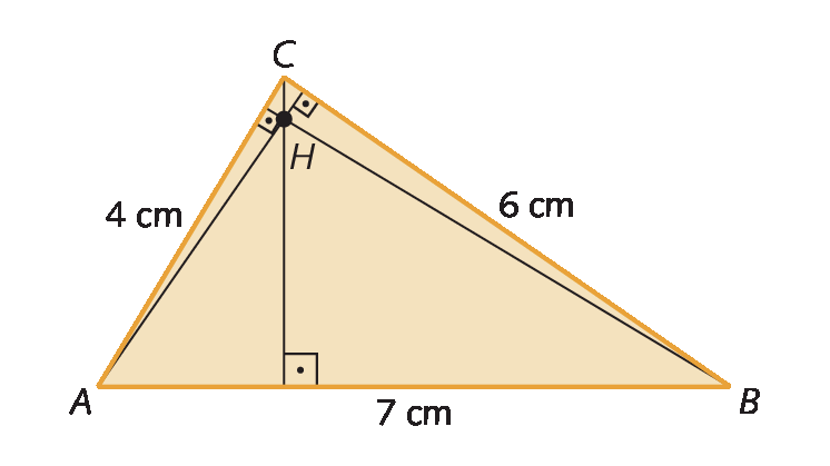 Figura geométrica. Triângulo escaleno ABC. Com lados medindo 4 centímetros, 6 centímetros e 7 centímetros de comprimento. Estão representadas as 3 alturas do triângulo que se encontram no ponto H interno a ele.