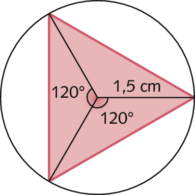 Figura geométrica. Triângulo equilátero inscrito em uma circunferência cuja medida do comprimento do raio é de 1 vírgula 5 centímetro. No triângulo, estão indicados dois ângulos centrais, cada um, com abertura medindo 120 graus.