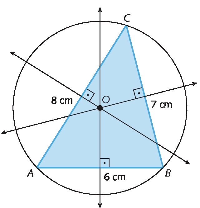 Figura geométrica. Triângulo escaleno ABC de lados medindo 8 centímetros, 7 centímetros e 6 centímetros de comprimento. Estão representadas as 3 mediatrizes do triângulo que se encontram no ponto O interno a ele. Além disso, representada a circunferência circunscrita ao triângulo que tem centro em O e passa pelos vértices A, B  e C.