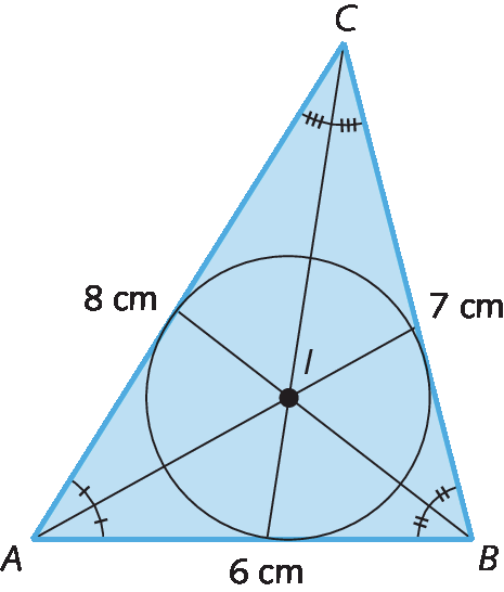 Figura geométrica. Triângulo escaleno ABC de lados 8 centímetros, 7 centímetros e 6 centímetros de comprimento..
De cada vértice do triângulo são traçadas as bissetrizes que se encontram no ponto I. Está representada a circunferência inscrita ao triângulo que tem centro no ponto I e tangencia cada um dos lados.