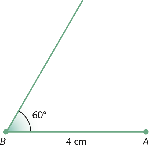 Figura geométrica.
Segmento de reta AB medindo 4 centímetros de comprimento, ângulo de abertura medindo 60 graus com vértice em B.